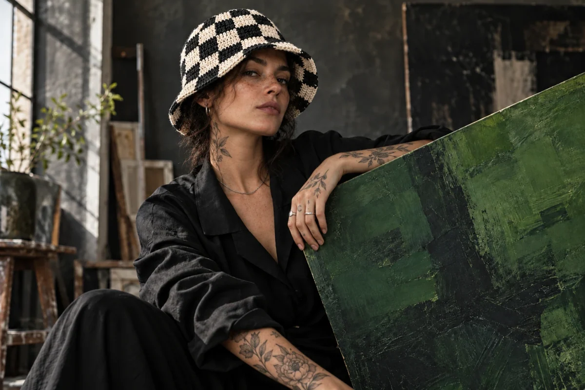 Visuel d’intention : une artiste tatouée en bob KAWAXX damier noir et écru, appuyée sur une toile vert profond dans son atelier