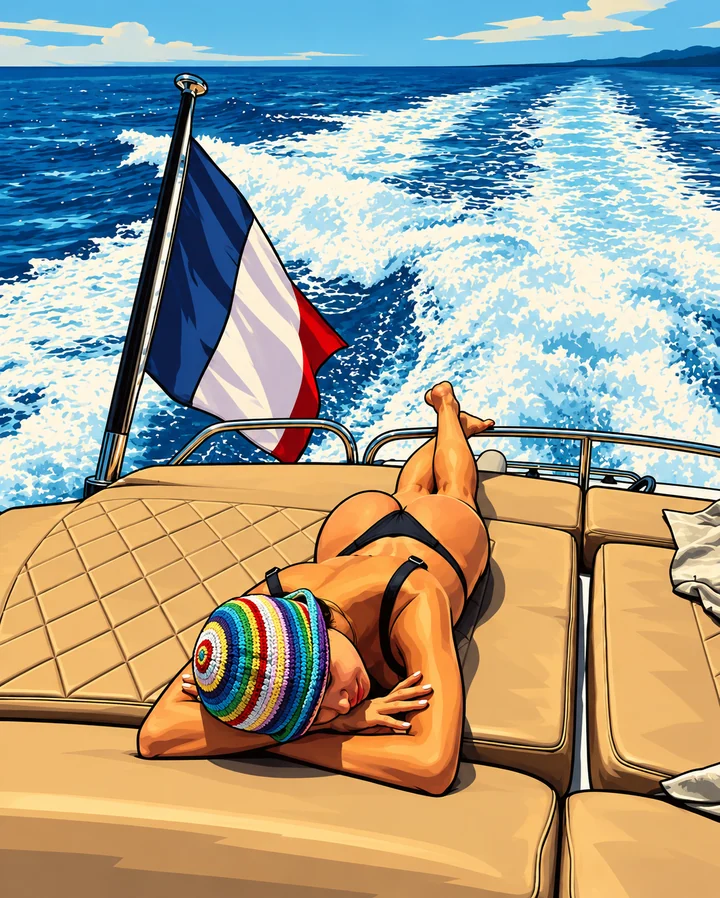 Illustration : une femme en bob multicolore sur le pont d’un bateau