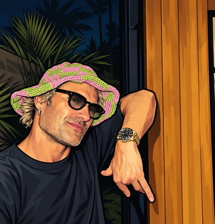 Illustration : un homme portant un bob rose et vert