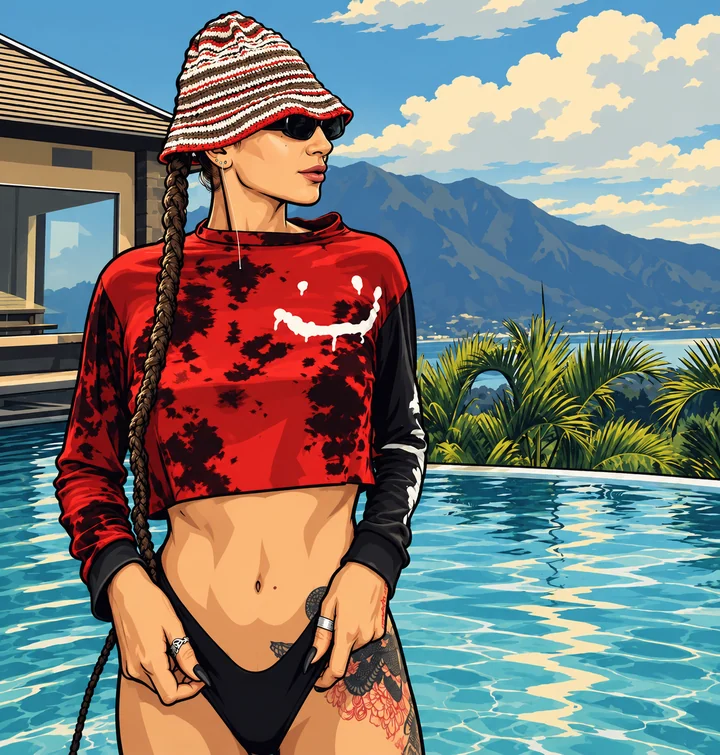 Illustration : une femme portant un bob rayé blanc et rouge