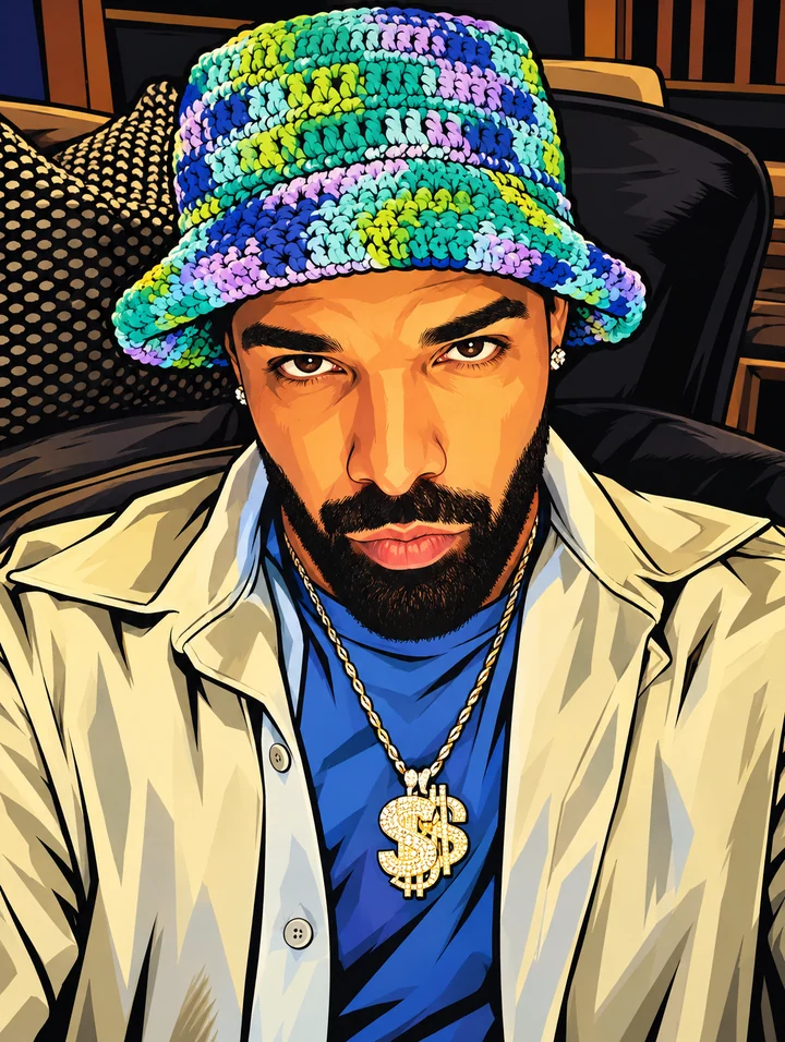 Portrait illustré de Drake portant un bob en crochet multicolore